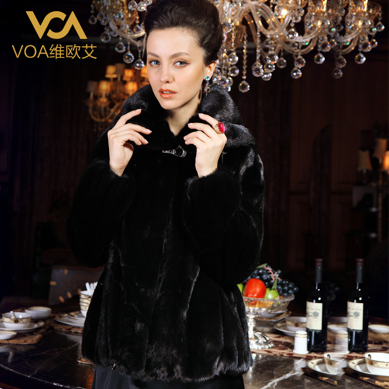 Voa 1212 fur coat black noble long-sleeve hooded mink fur overcoat w-3559