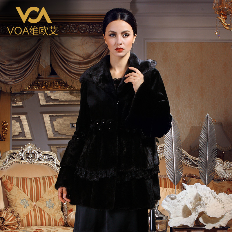 Voa limited edition 1 medium-long hooded black mink fur overcoat marten velvet ne-1340