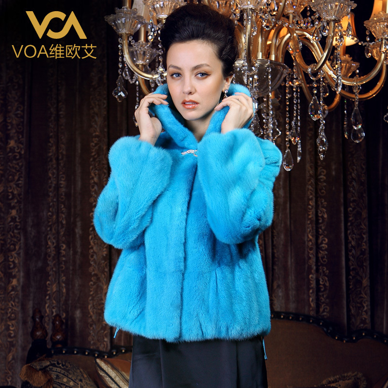 Voa quality female fur coat crystal odontoglossum hooded mink fur overcoat h-9770