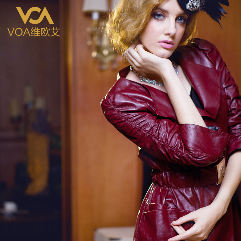 Voa rose turn-down collar sheepskin leather clothing female genuine leather slim long design leather jacket pf330