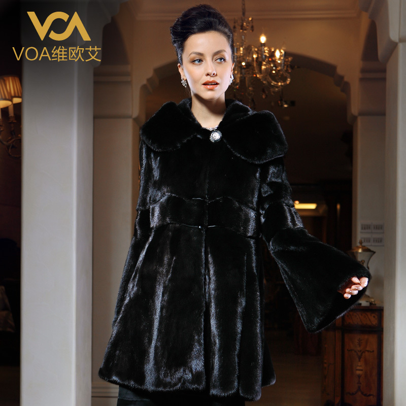 Voa Women fur coat black turn-down collar long-sleeve fur overcoat long design