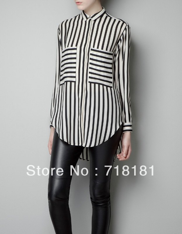 VOGUE-U 2013 new fashion brand Black white stripe arc-shape bottom women's chiffon blouse with zar* double pockets shirt