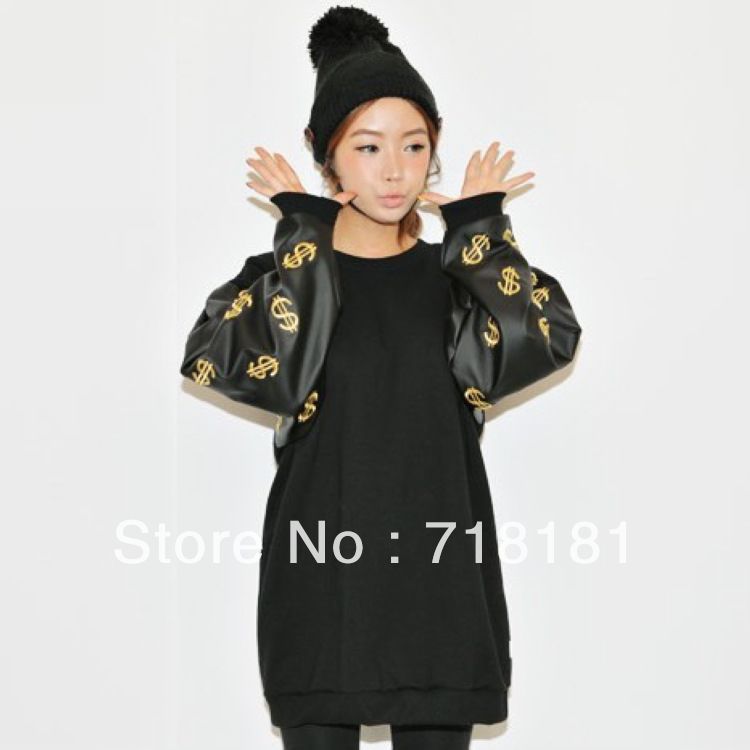 VOGUE-U 2013 new novelty PU leather patchwork empire women's sexy dress with $ pattern printing  Rock vintage dresses