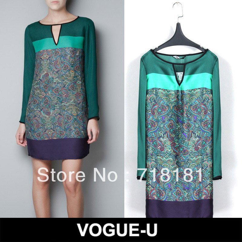 VOGUE-U 2013 new vintage brand printing split long sleeve V-neck dresses for women Emerald Free shipping