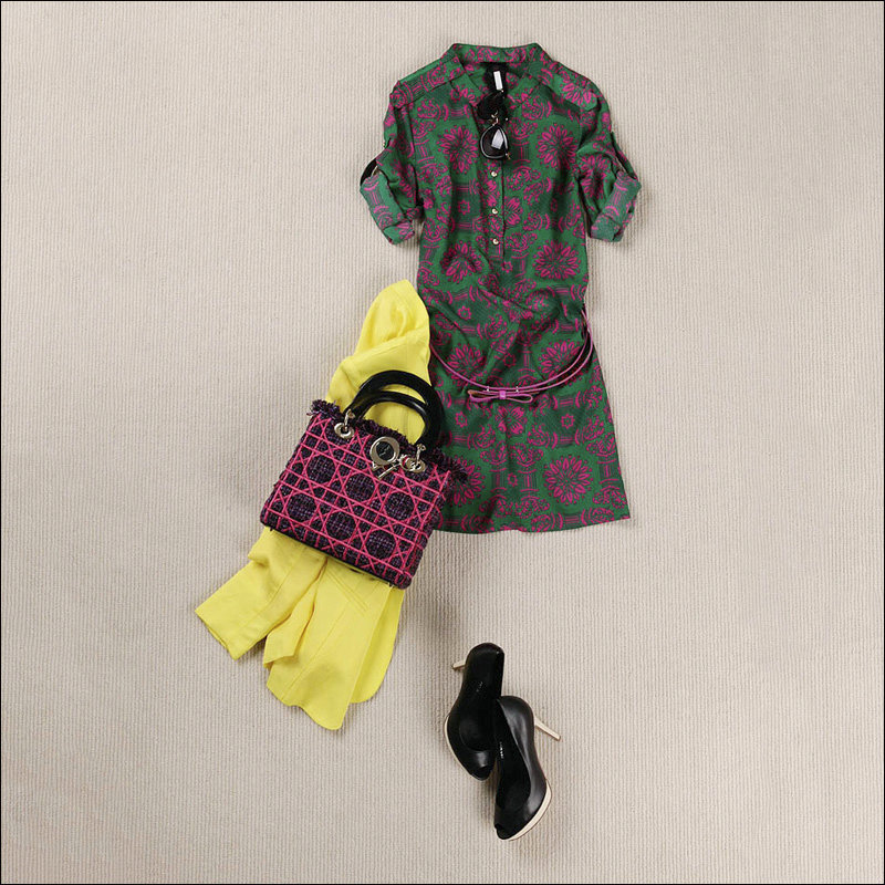 Vs q9989 rose shawl green ! vintage print japanned leather belt slim spring and summer one-piece dress