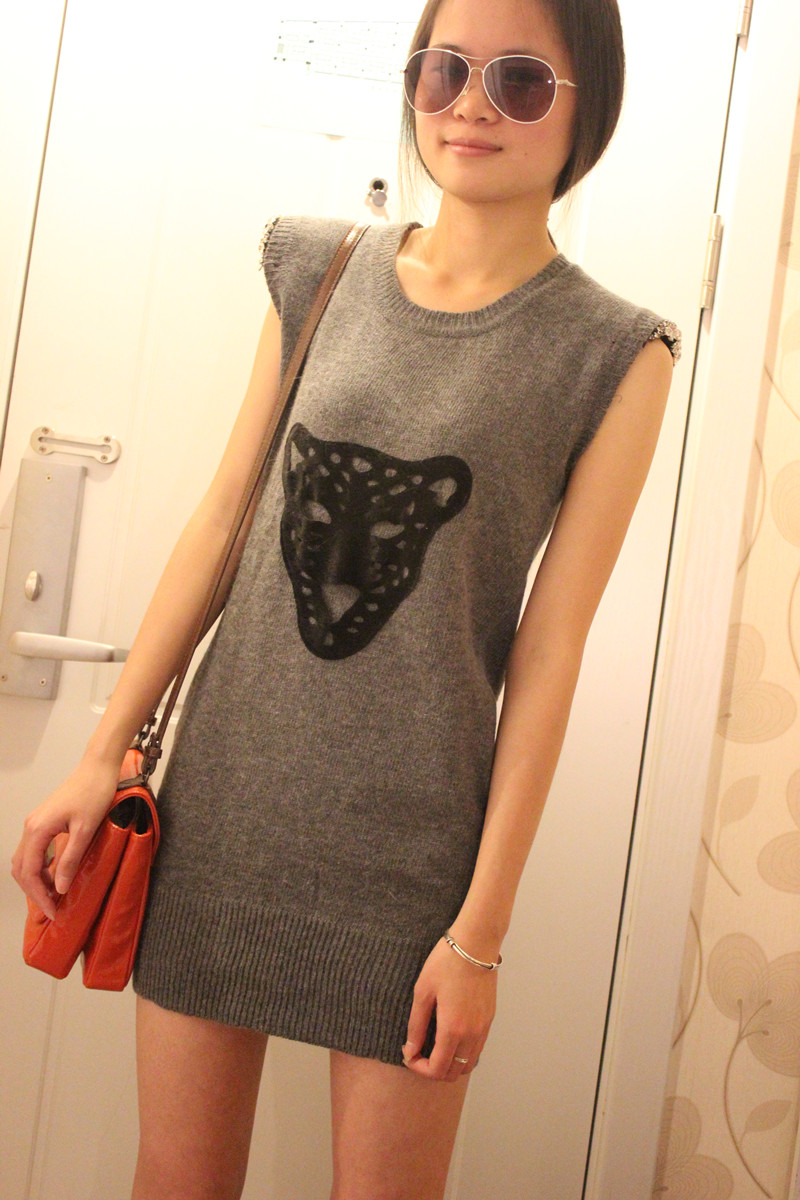 W female leopard head rhinestone cutout small shoulder pads slim Women wool blending one-piece dress