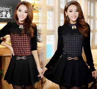 W.ZXS Free Shipping 2013 new spring women's fashion plaid twinset patchwork set skirt fashion brooch pop5