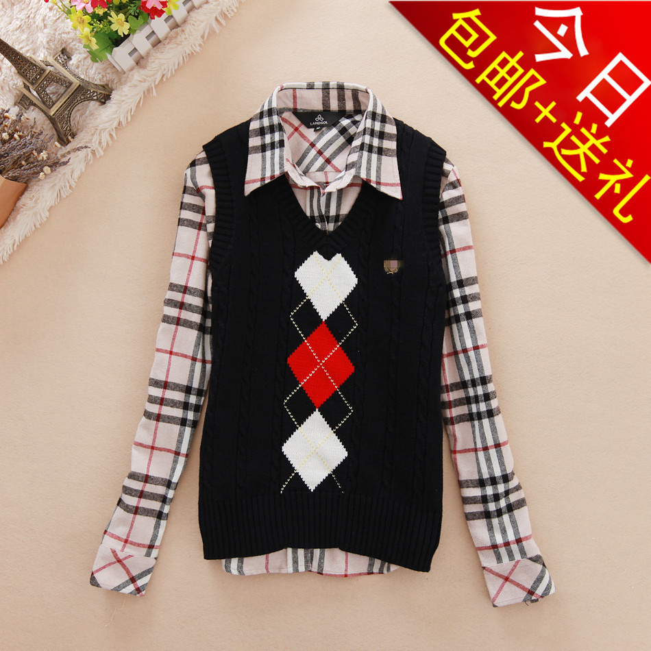 w0) 2012 autumn and winter pullover preppy style female V-neck plaid sweater vest wool waistcoat 6