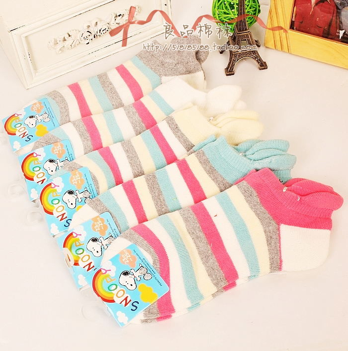 W02 socks SNOOPY color block stripe thickening women's 100% cotton socks