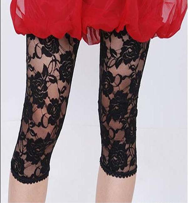 W21 Free shipping Cute New Womens Sexy Floral Rose Lace 3/4 Capri Pants Black Legging Tights