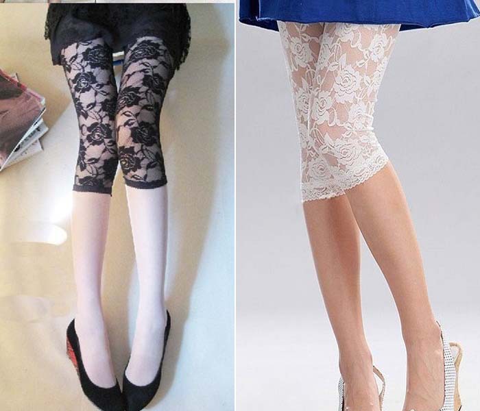 W22 Free shipping Cute White New Womens Sexy Floral Rose Lace 3/4 Capri Pants Legging Tights