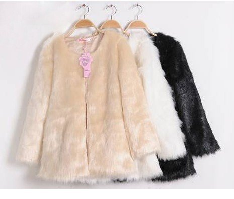 W316 New  Long Fashion Coat Black white beige Faux fur Fair coat Korean Style Outwear