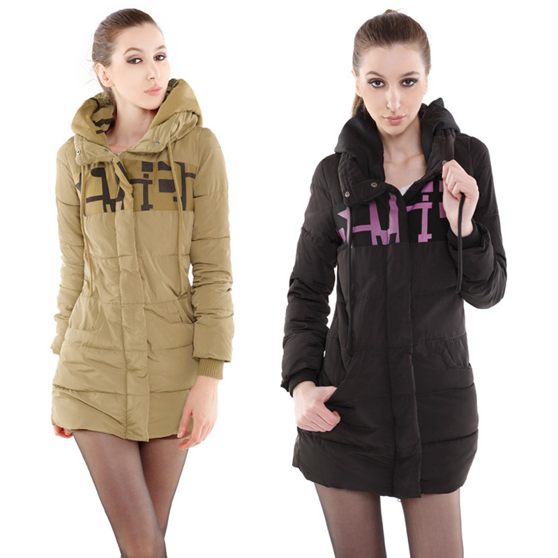 Wadded jacket outerwear female long design fashion with a hood letter thickening women's long design cotton-padded jacket winter