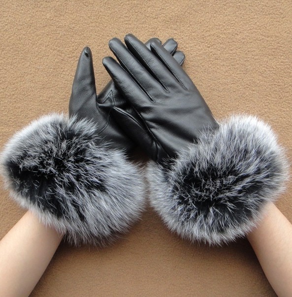 Warm Fur Black Woman Winter Genuine Soft Leather Gloves