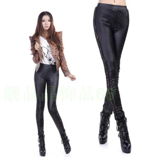 Warm pants solid color both sides laciness pants faux leather lace decoration legging plus velvet double layer lace