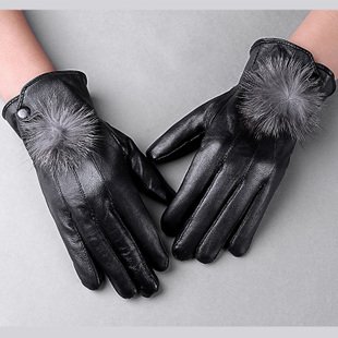 Warm  Women Leather Gloves Winter fox fur ball sheepskin lovers thermal Genuine Leather Gloves