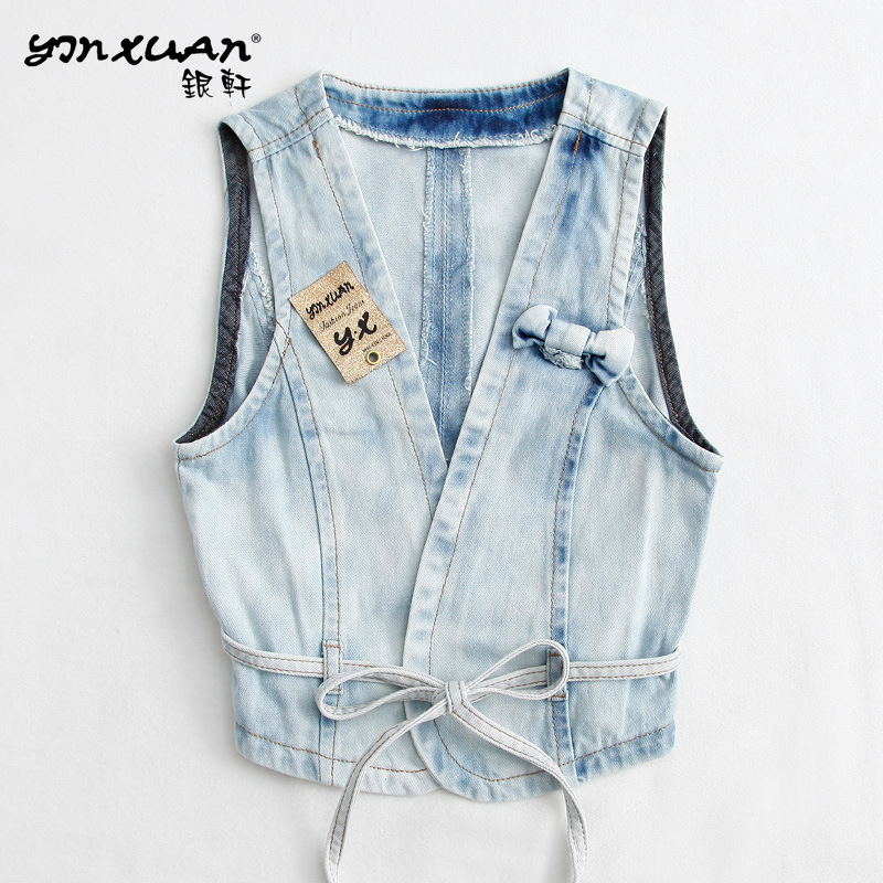 Water wash wearing white denim vest female fashion small cape slim waist strap denim vest small vest