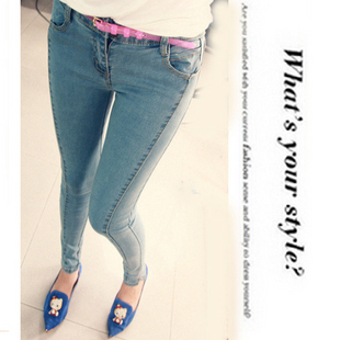 Water wash wearing white light color slim placketing bars denim pencil pants