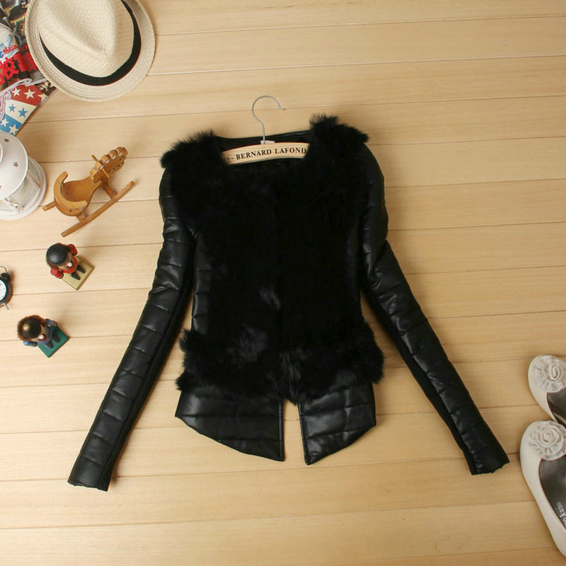 Water washed leather patchwork rabbit fur long-sleeve slim cotton-padded long-sleeve fur leather clothing 8812