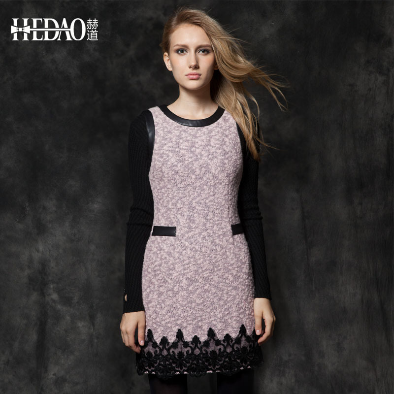 Water washed leather patchwork woolen one-piece dress lace o-neck sleeveless basic skirt sweet princess winter