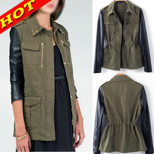 WCT118 Free shipping New Fashion Women Military Green Contrast Faux Leather Sleeve stud Collar Jacket Coat Blazer