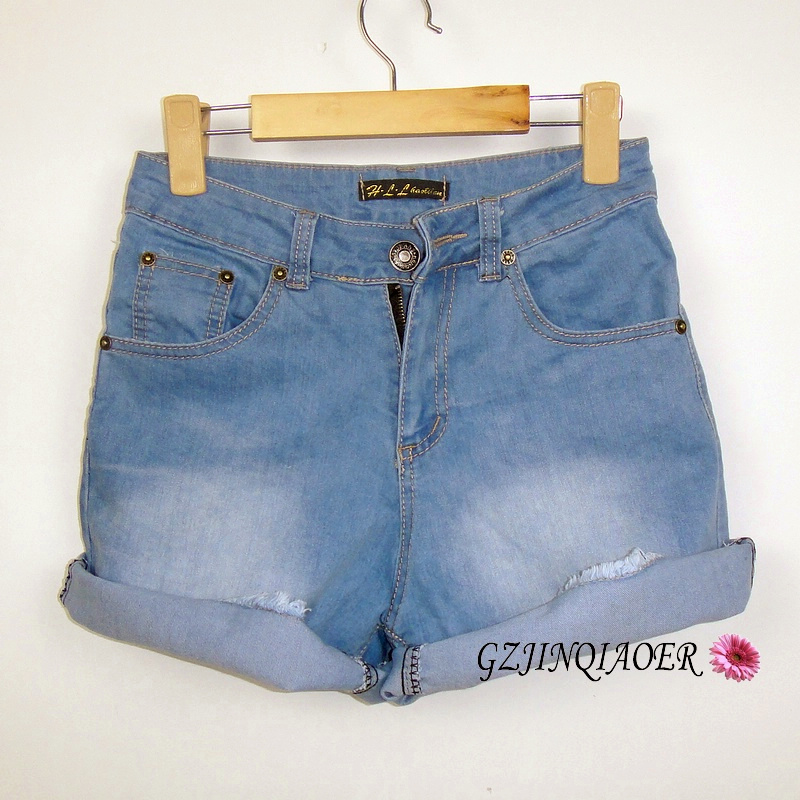 Wearing white gradient light blue denim shorts female summer shorts high waist elastic comfortable loose plus size