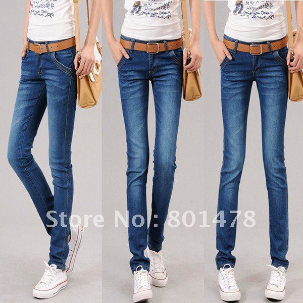 Wearing white pocket casual pencil skinny jeans female trousers 5009