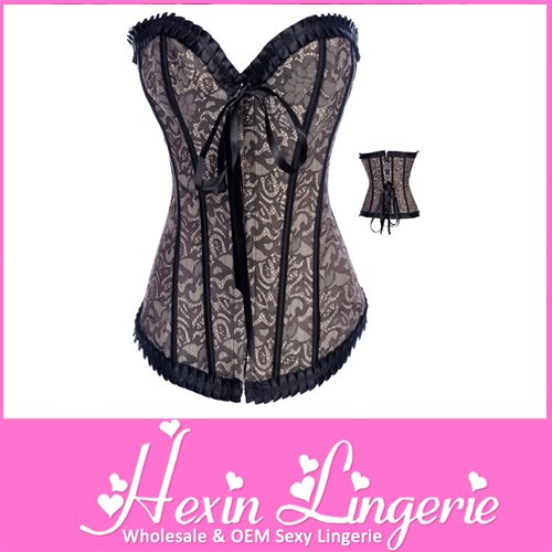 [Welcome Wholesale Discount]Sexy Gray Arabesquitic Overbust Corset With Black Lace closure Trimming LB4394 Size S M L XL