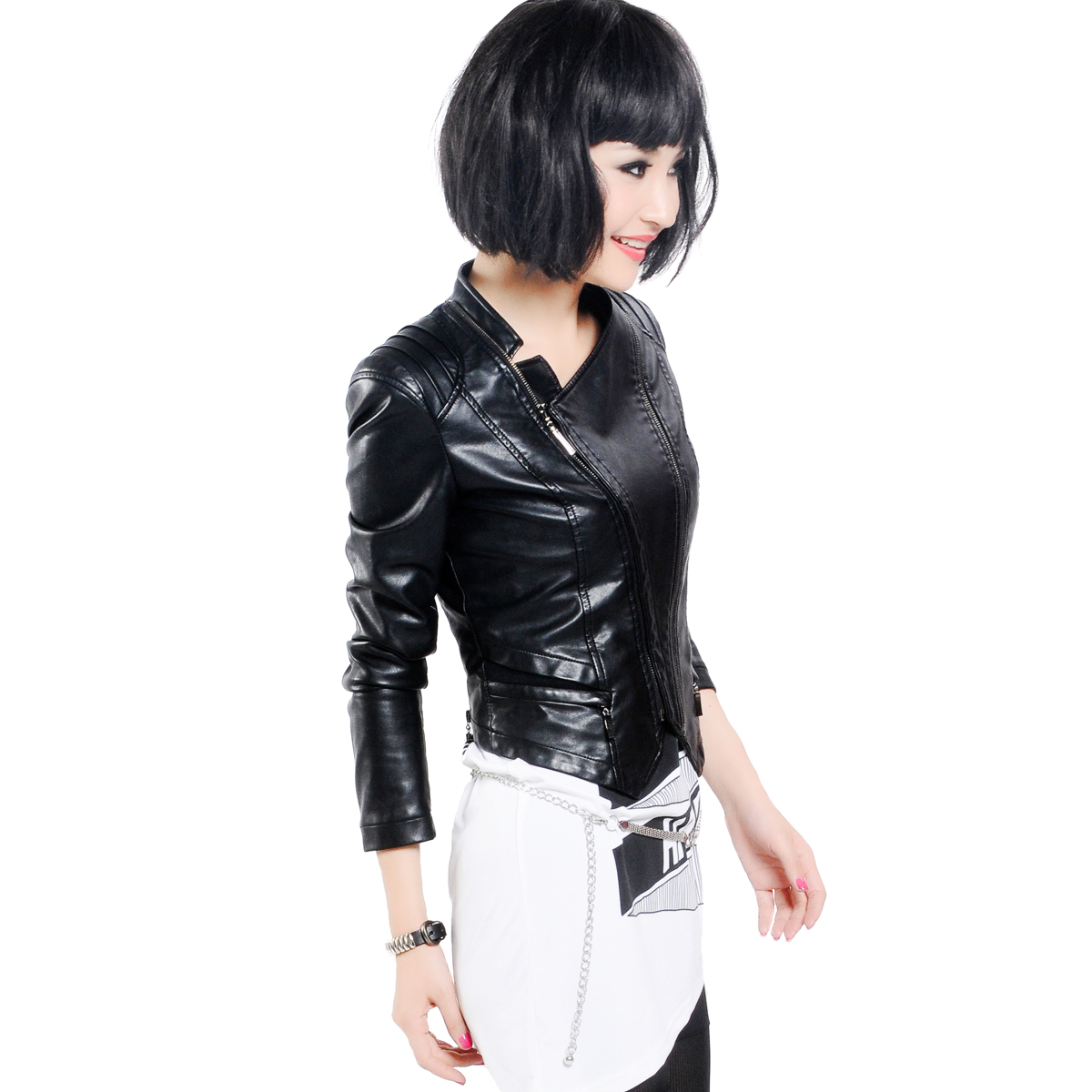 Wenpaer women's sexy fashion personality elegant punk women's outerwear leather clothing