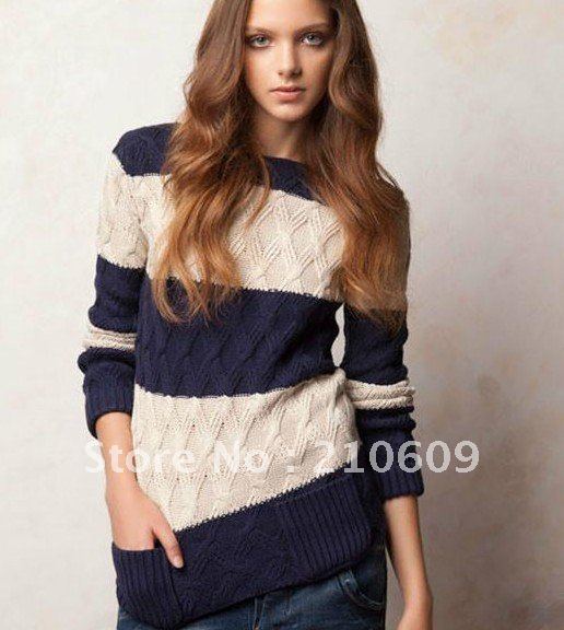 western color match hook pattern pocket lady's stripe knitted sweater