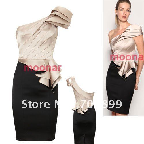 Western New Design One shoulder Off folding sleeve OL Office Double Color Fitted Body Suit Dress evening party strapless E0468