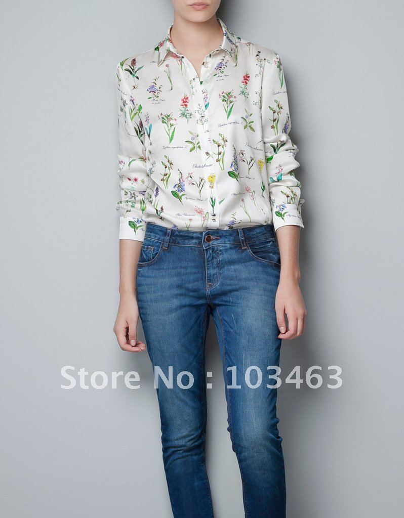 Western New Style Lady Floral Print Chiffon Shirt Women Slim-fitting Fashion Garment Casual Shirt Long Sleeve A662