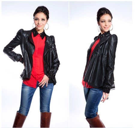 Western Style Vogue Stand Collar Lace Embellished Shrug Shoulder Washable Leather Coat Free Shipping