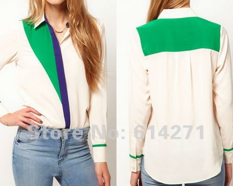 WF-0087 HOT !Chic Lapel Long Sleeve Patchwork Chiffon Shirt 2 Color