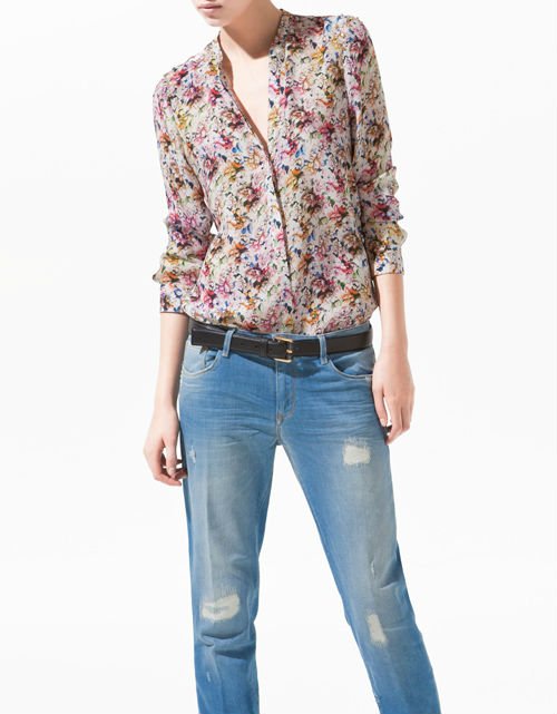 WF-0097 Casual V-Neck Long sleeve Floral Prints Chiffon Blouse Top With Studs