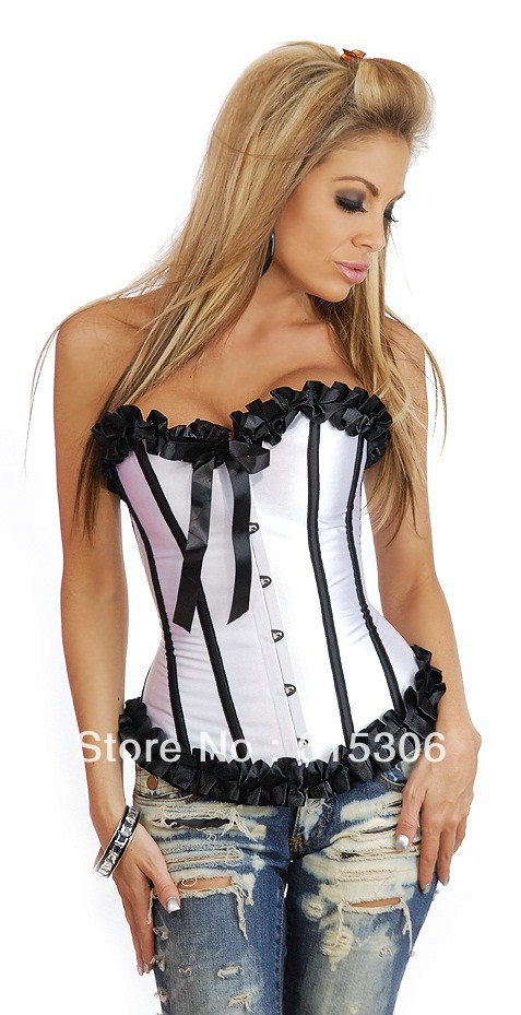 White and black flower Overbust corset , FREESHIPPING