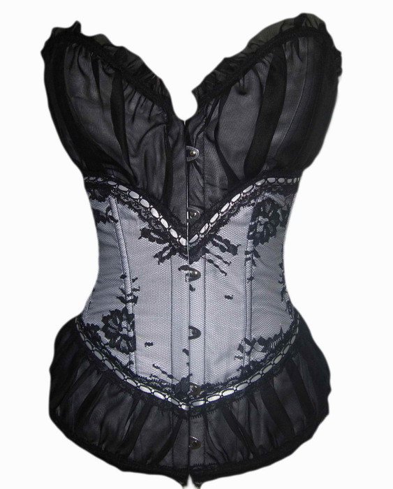 White and black lace overlay lace up boned corset busiter top clubwear showgirl S-2XL