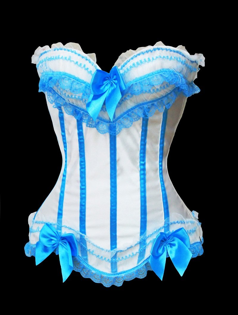 white and Blue lace up boned corset busiter with bows lingerie S-2XL