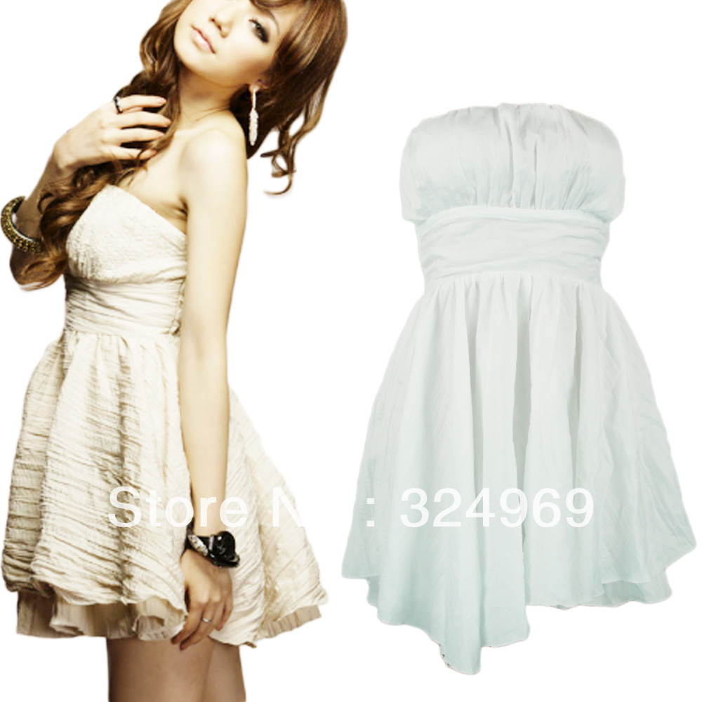 White/Beige Summer NEW Ladies Tube Evening Strapless Ruffle Bubble Mini Dress 8381#