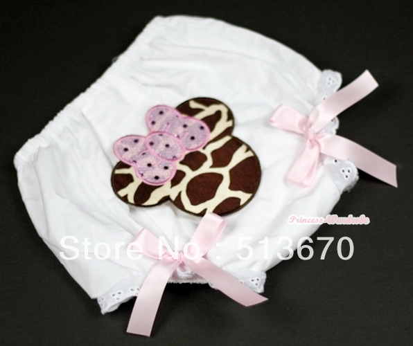 White Bloomer With Brown Giraffe Minnie Print & Light Pink Bow MABL83