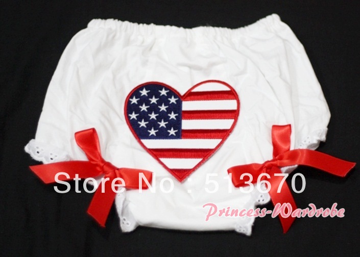 White Bloomers & Patriotic America Flag Heart & Hot Red Bow MABL41