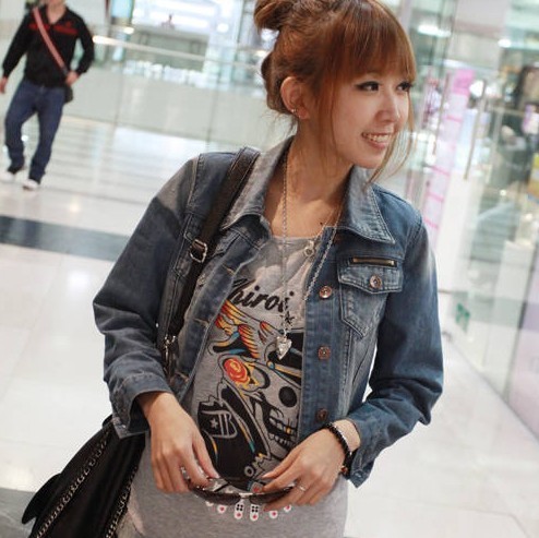 White blue short design denim coat outerwear 7493 free shipping