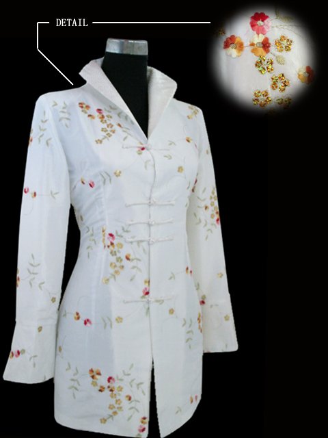 White Chinese Women's Silk Satin Embroidered Long Jacket Coat Flowers S-6XL Free Shipping J1394