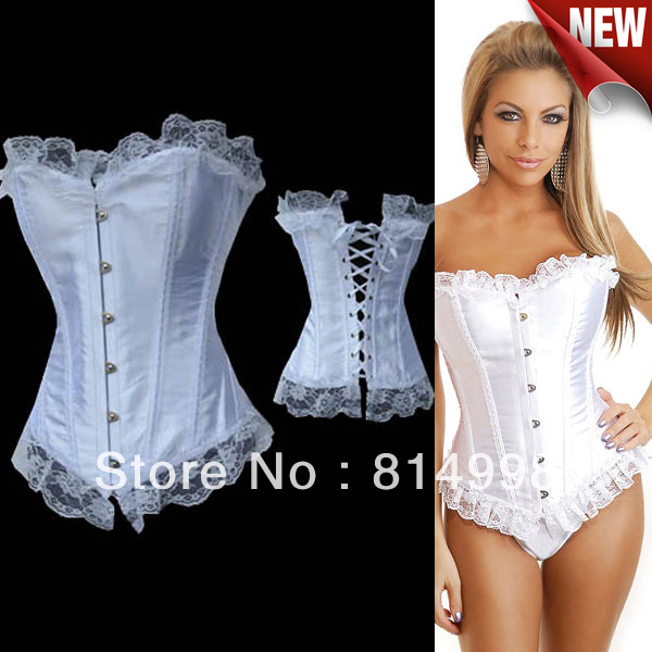 White Corselet Sexy Lingerie Womens Elegant Satin With Lace Overbust Corsets & Bustiers G-string Set 4016W