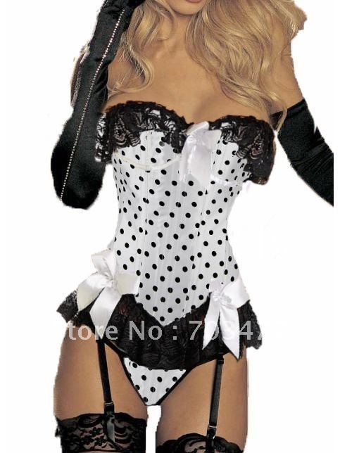 White dot corset with G-string lace up bow corset strapless corset 2012 wholesale and retail corset sexy lingerie best service