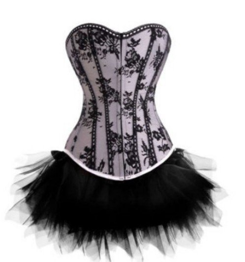 White Elegant Overlay CORSET Bustier BLACK TUTU SKIRT LINGERIE