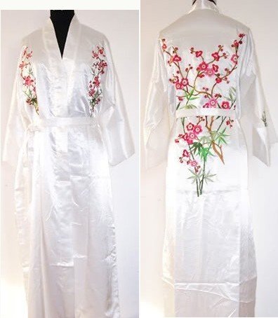 White New Chinese Women's Silk Satin Eambroider Kimono Robe/Gown S M L XL XXL XXXL