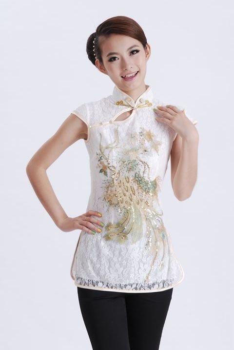 White New Fashion Chinese Women's Lace Shirt with Phoenix Free Shipping Wholesale and Retail Size S-XXXL A0046