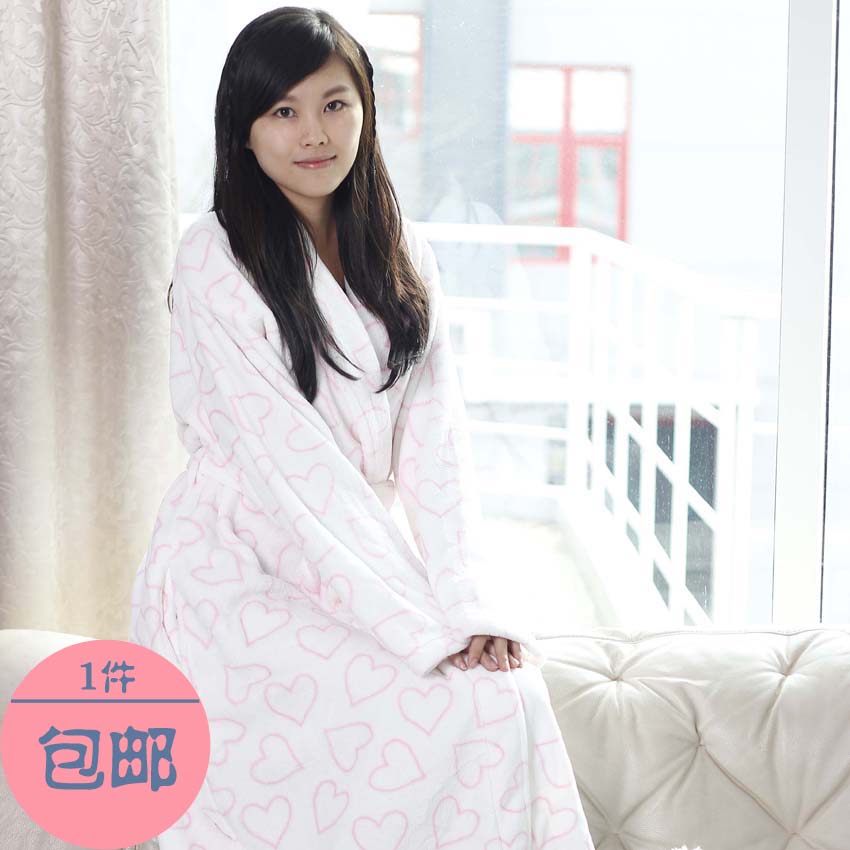 White pink coral fleece turn-down collar lacing long design female lounge robe sleepwear