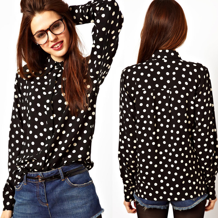 White polka dot black print tencel cotton female shirt ol popper dot long-sleeve shirt